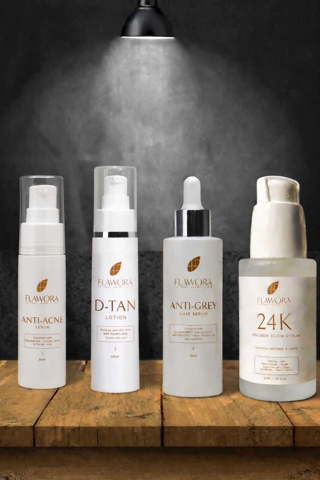 Flawora Set of D-Tan Lotion, Anti Acne Serum, Anti-Grey Hair Serum and Golden Glow Face Serum