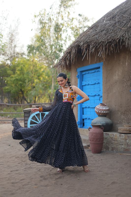 Aastha Black with Gown fabric Faux Georgette Bandhani Print work with kutchi patchework
