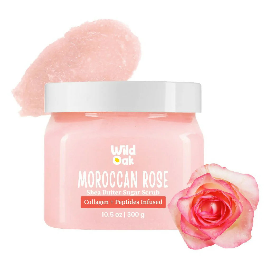 WildOak Moroccan Rose Shea Butter Sugar Scrub | 300gm | With Vegan Collagen & Peptides | Tan Removal & Smooth Skin | Removes Dead Skin | Ultra Hydrating, Exfoliating & Moisturising Sugar Body Scrub