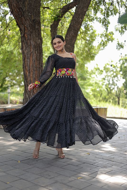 Aastha Black Faux Georgette with Gown Leheriya Digital Print work with kutchi patchework