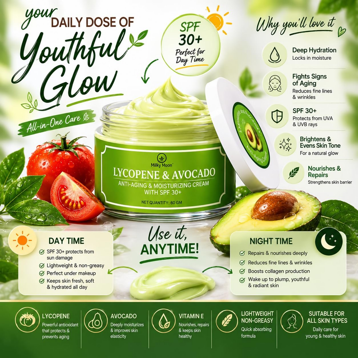 Milky Moon Lycopene & Avocado Anti-Aging & Moisturizing Cream with SPF 30