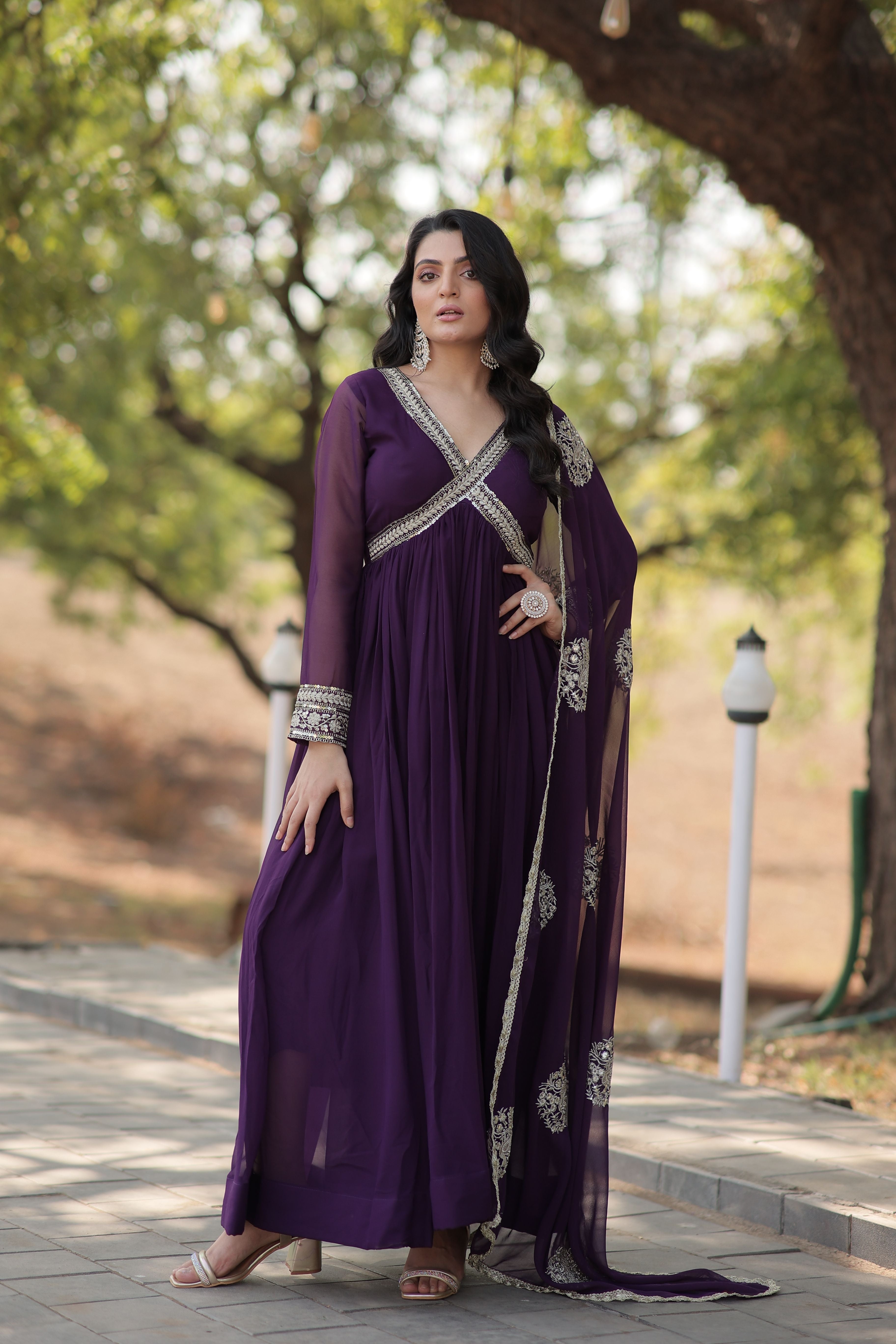 Aastha Purple with Gown Blooming Faux Georgette Embroidery Zari Sequins-work