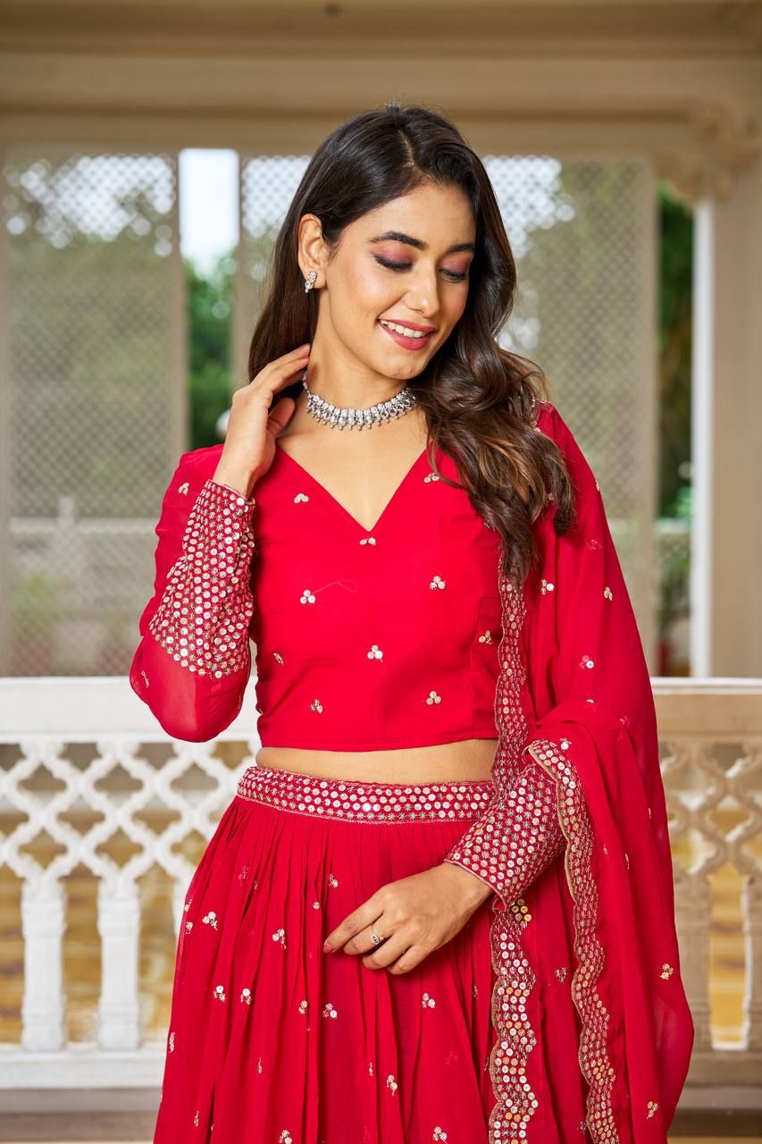 Aastha fashion Red Faux Georgette lehanga blouse fabric Glamorous Festival Lehenga Choli Lehenga Collection
