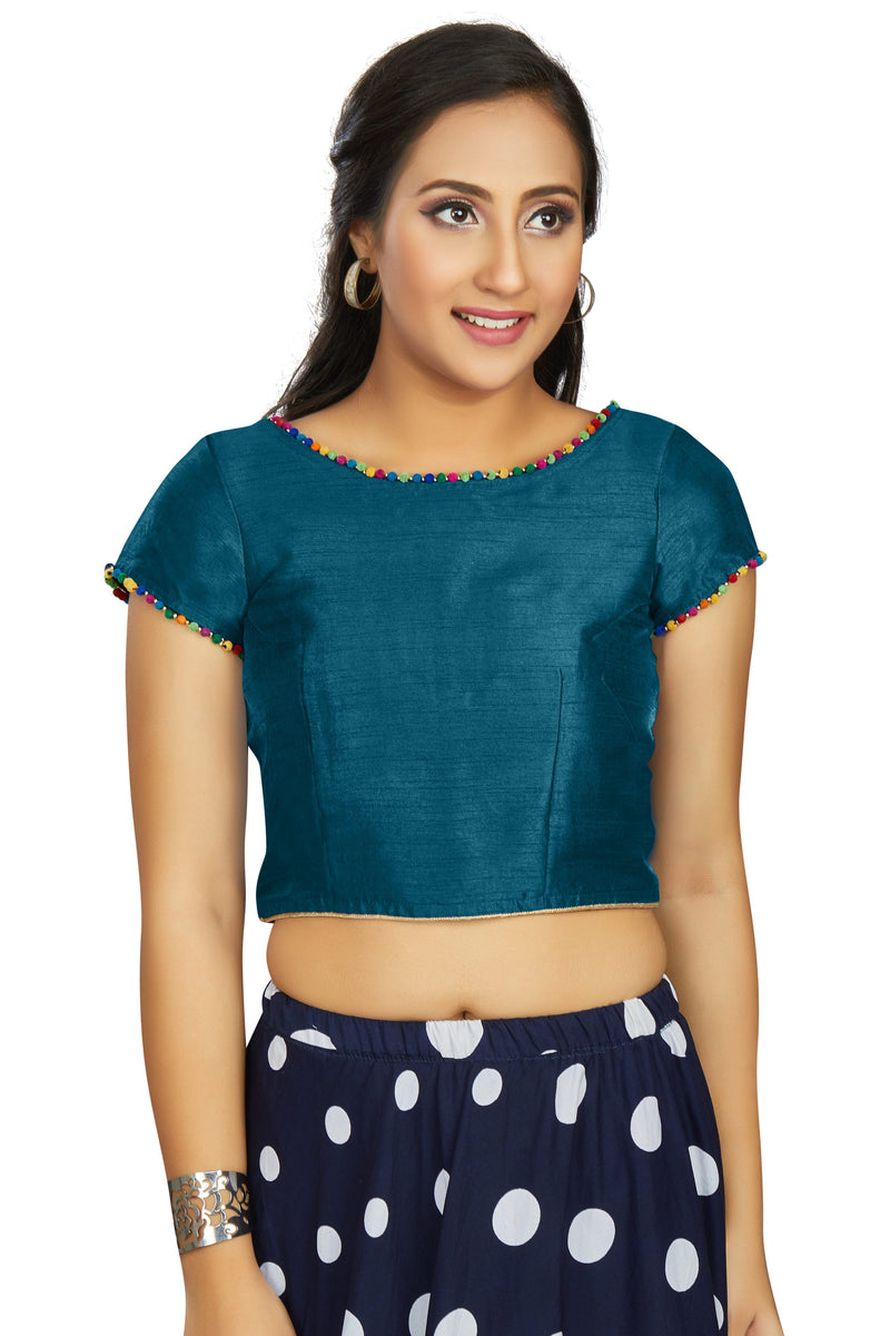 Aastha fashion Teal Art Slik Boat Neck Blouse Work Plain