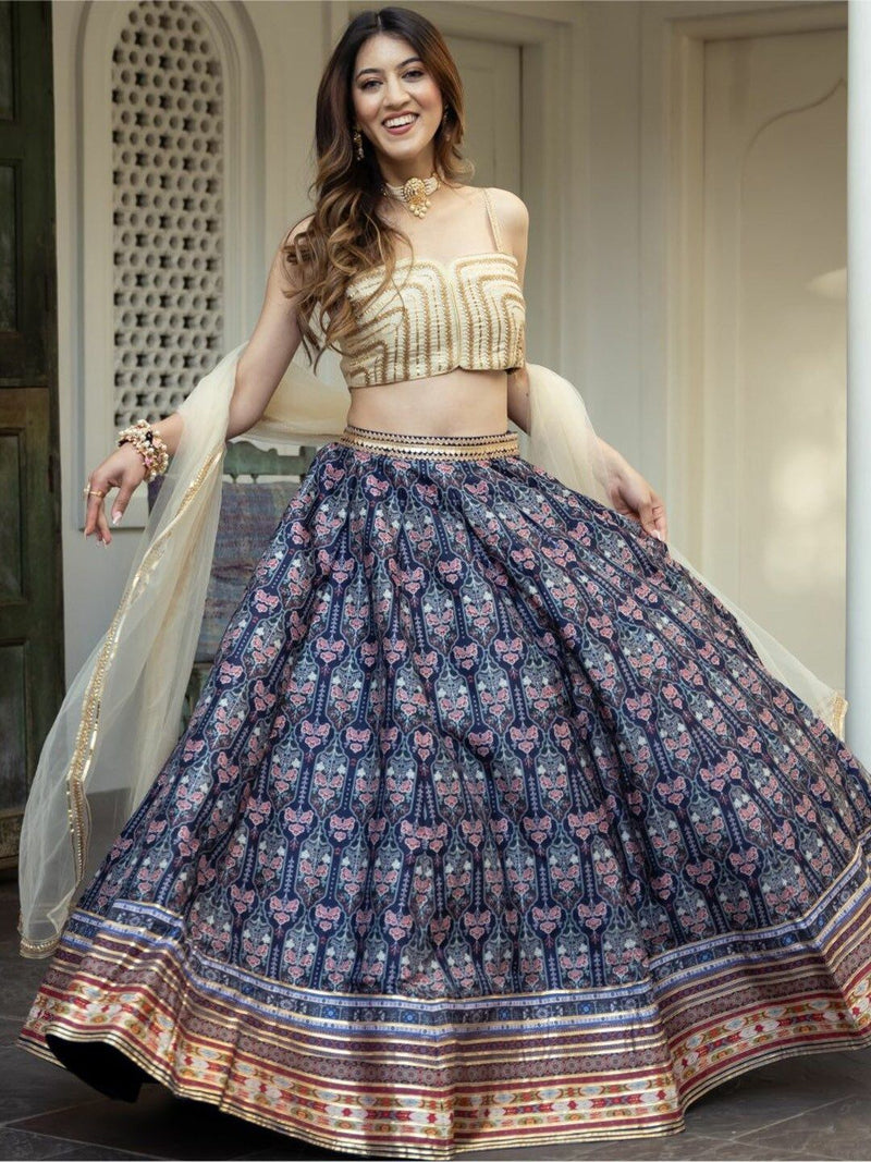 Aastha fashion Blue Organza lehanga blouse fabric Floral Digital Print with Embroidery Work