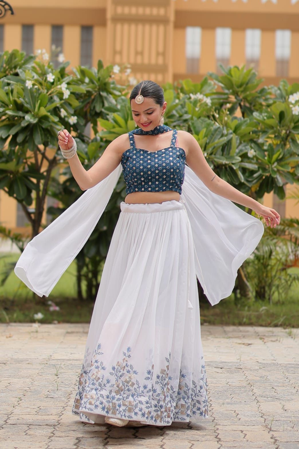 Aastha fashion white pure georgette lehanga blue blouse fabric embroidery work