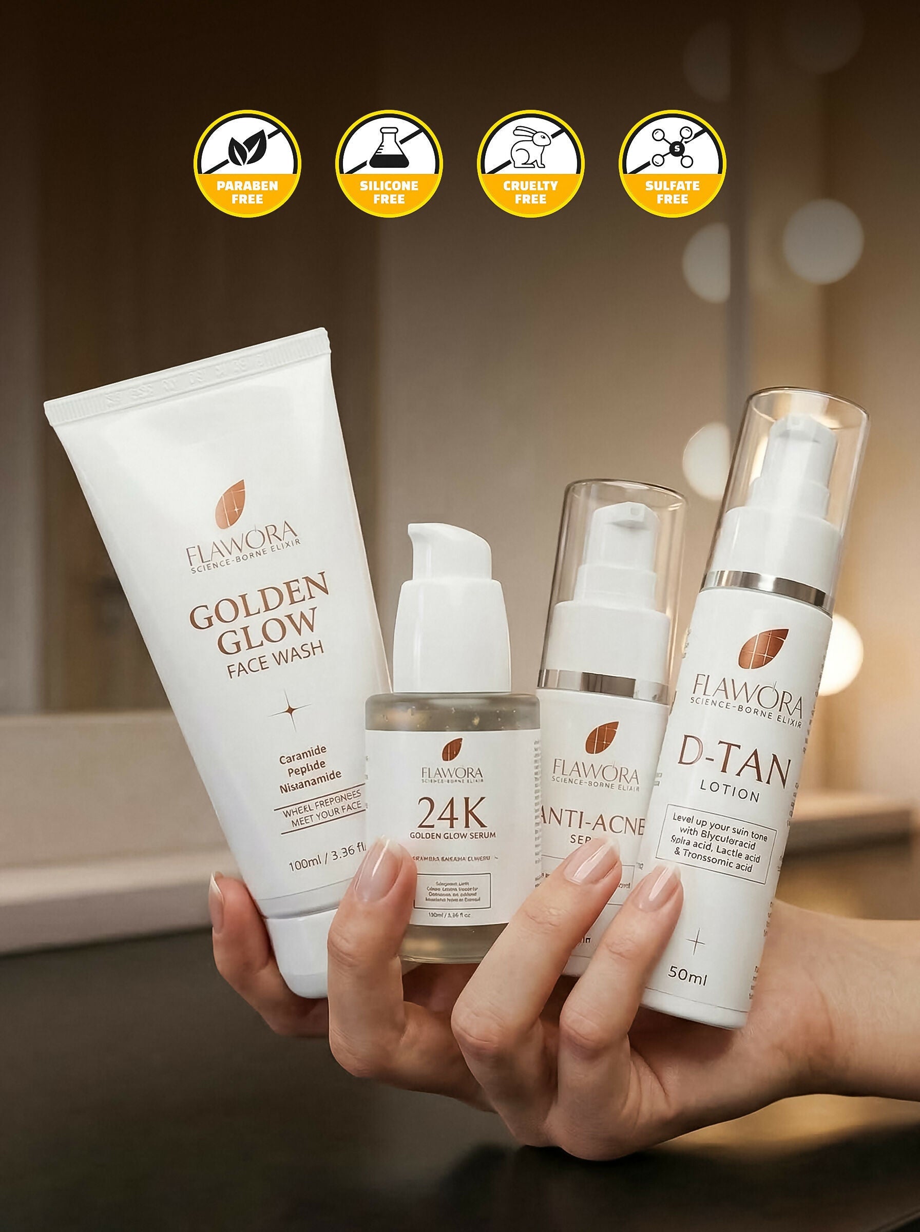 Flawora Set of Golden Glow Face Wash, Anti Acne Serum, 24k Golden Glow Face Serum and D-Tan Lotion
