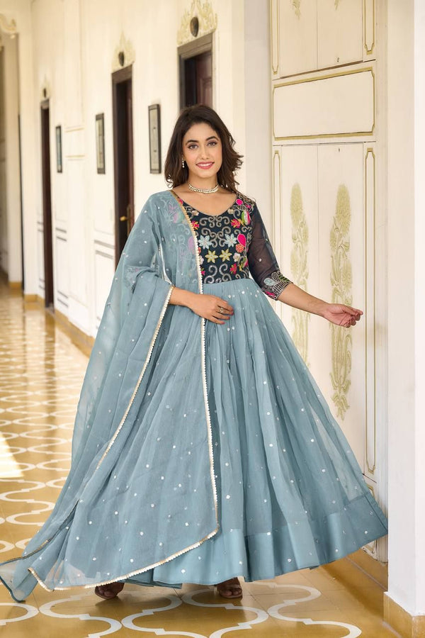 Aastha Sky Fox Georgette with Micro Cotton sequence Embroidery with thread Work