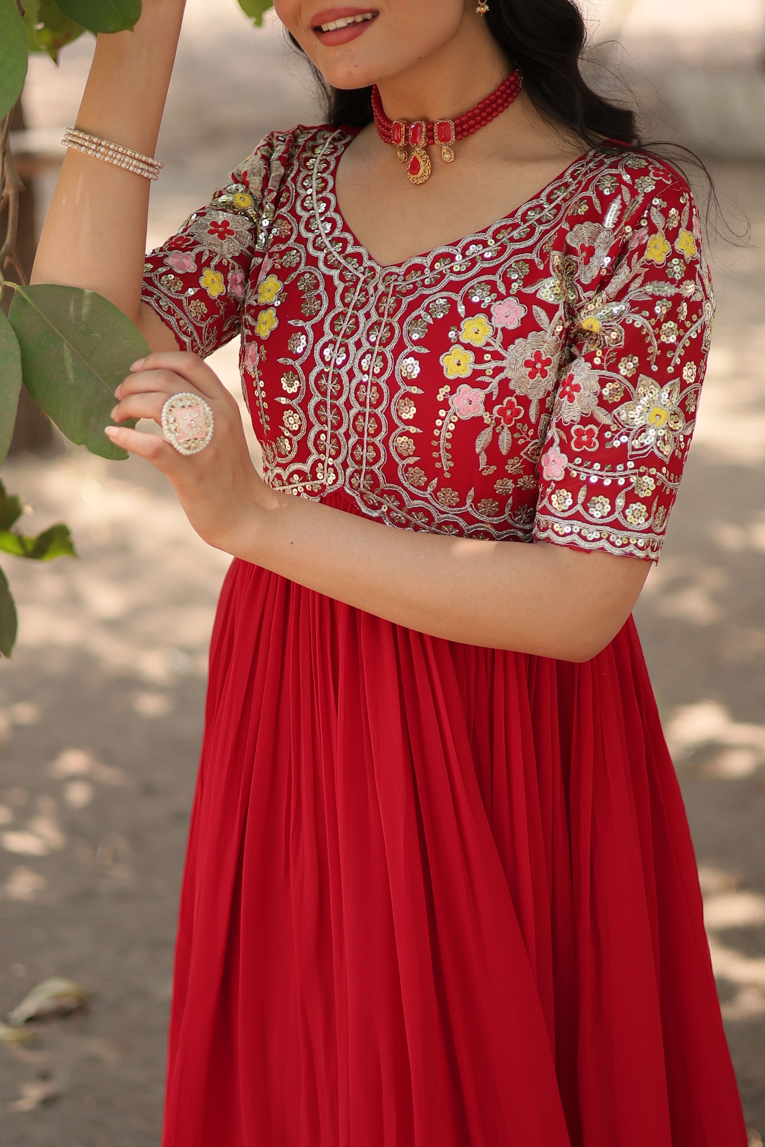 Aastha Red with Gown fabric Faux Georgette Embroidery Zari Sequins-work