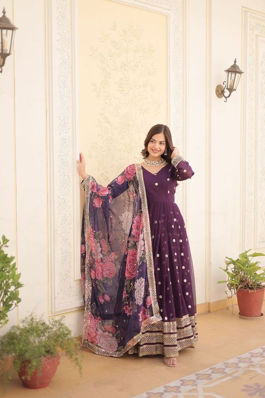 Aastha Purple Faux georgette with Gown Tabby silk
