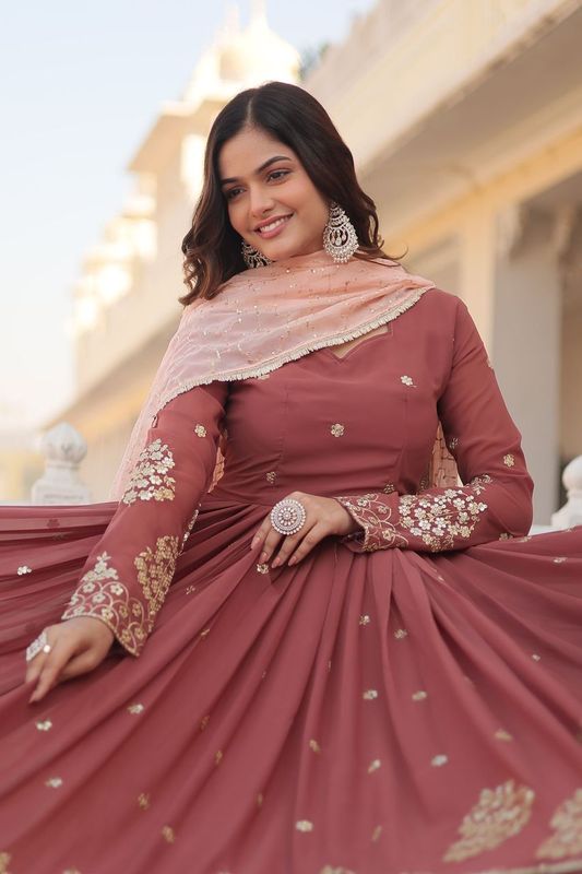 Aastha Dusty Rose Faux Georgette Russian Silk with Gown Embroidered