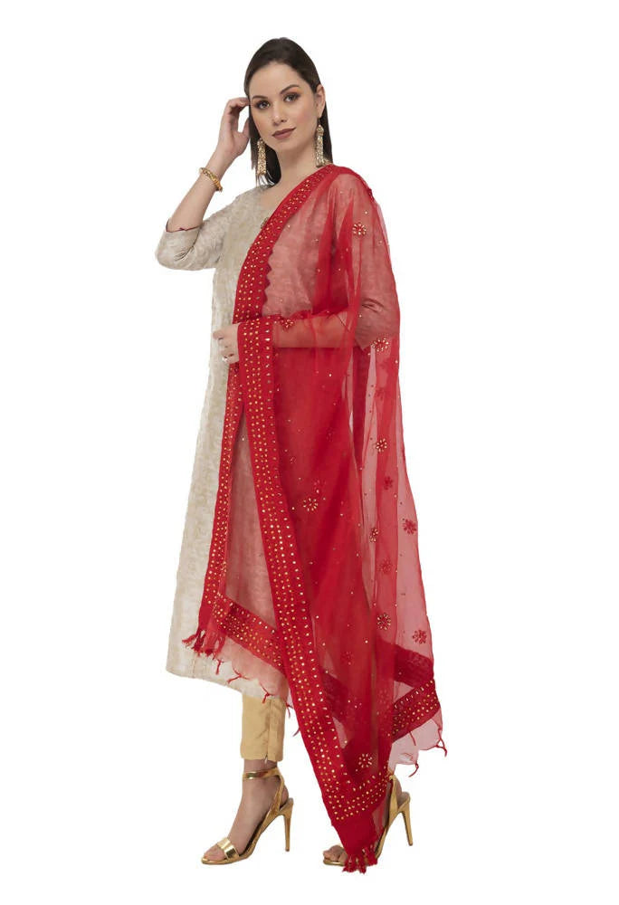 Mominos Fashion Red Orgenza Nug Embroidery Dupatta