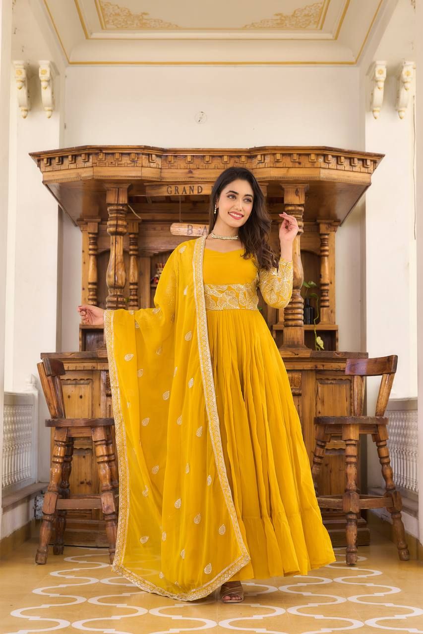 Aastha Mustard Faux Georgette with Gown Heavy sequence Embroidery Work