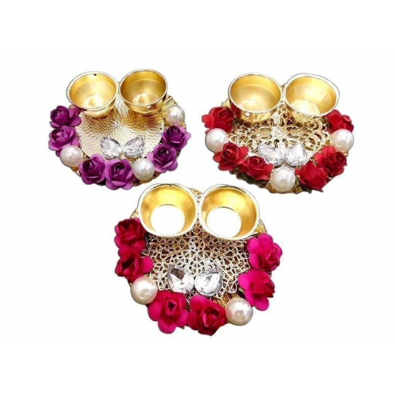 Fancy Haldi Kumkum Holders with Roses and Pearls - 1 Piece