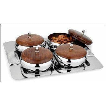 Stainless Steel Serving Set with Wooden Lid and Tray - 4 Pieces