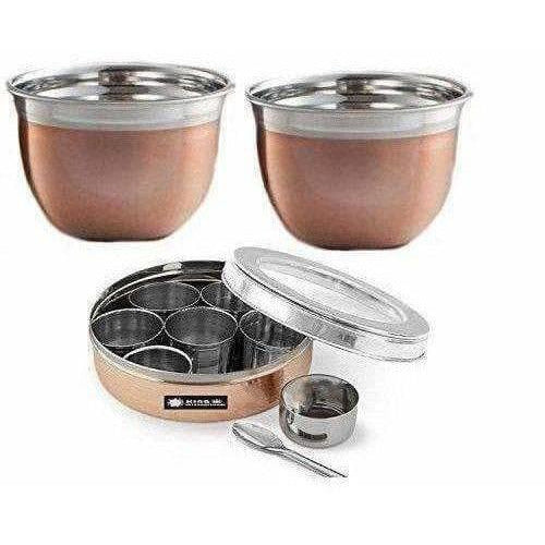 Stainless Steel and Copper Silver Spice Box and German Bowl Set of 3