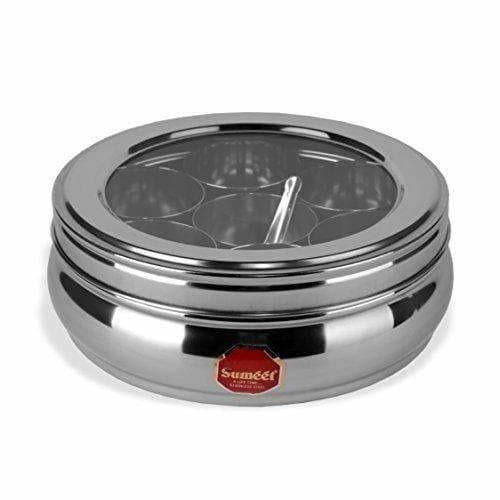 Stainless Steel Belly Shape Spice Box with See Through Lid with 7 Containers and Small Spoon