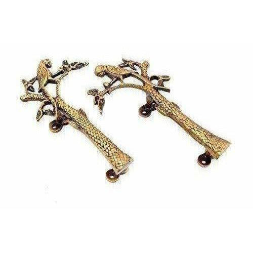 Parrot on Tree Design Brass Door Handle Pair