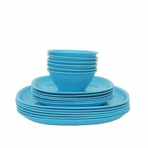 Plastic Square Plate and Bowl Set, 18-Pieces, Turquoise
