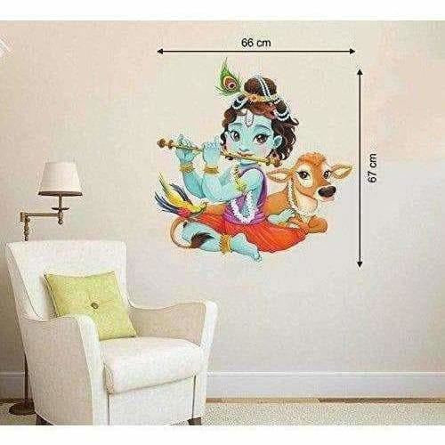 Lord Krishna Flute Playing with Cow - Wall Sticker (PVC Vinyl, 66 cm x 67cm)