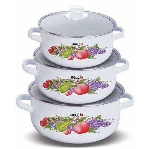 Decorative Enamel Casserole with Glass Lids - Set of 3