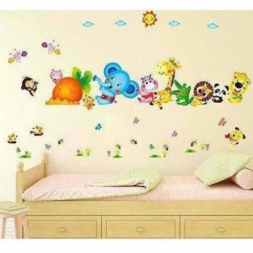 Happy Cute Elephant Monkey Cartoon Animals  Wall Sticker