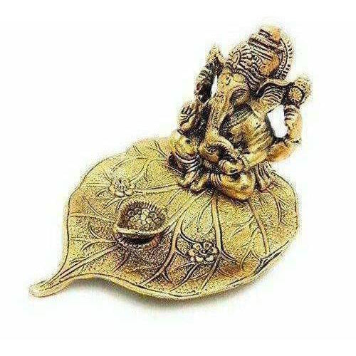 Handicraft Ganesha Sitting on Leaf with Diya Gold Plated for Home Decor