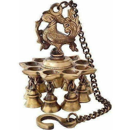 Peacock Hanging Brass Diya with Bells