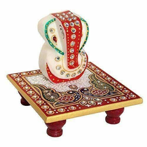 Marble Enamel Painted Ganesha Placed on Chowki (10.2 cm x 10.2 cm x 10.2 cm)