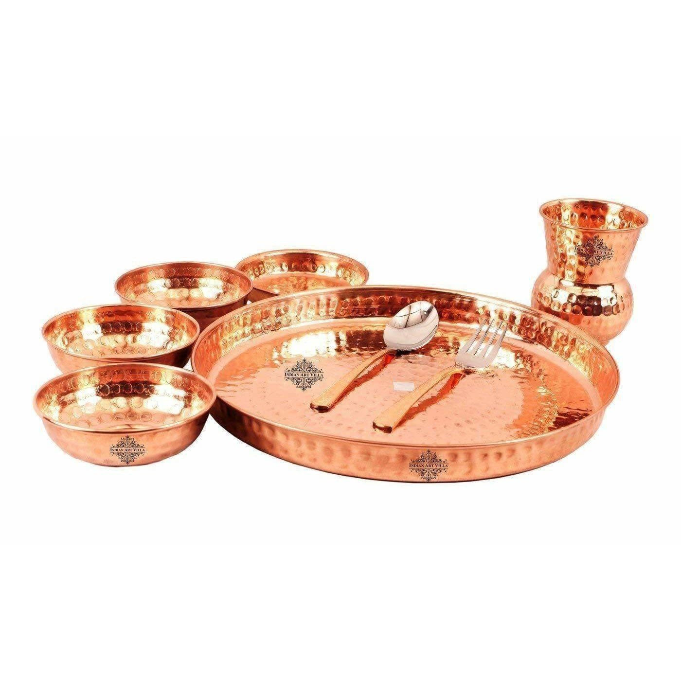 Traditional Design Copper Thali Multi cuisine Dinnerware Set, 8 Pieces