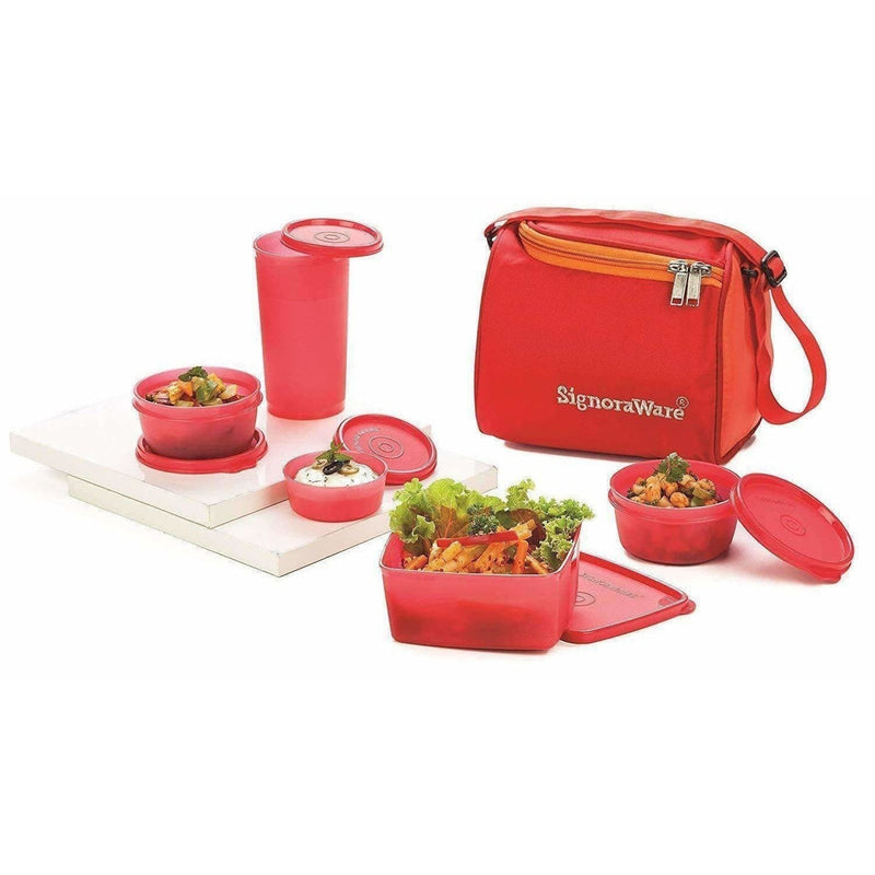 Signoraware Plastic Lunch Box Set with Bag Set, 5-Pieces, Red