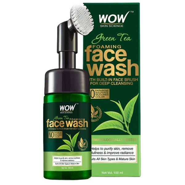 Wow Skin Science Green Tea Foaming Face Wash With Built-In Face Brush For Deep Cleansing