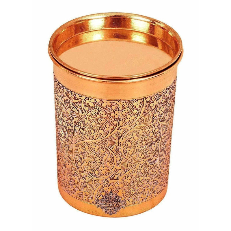 Copper Glass Tumbler with Lid  Embossed Design