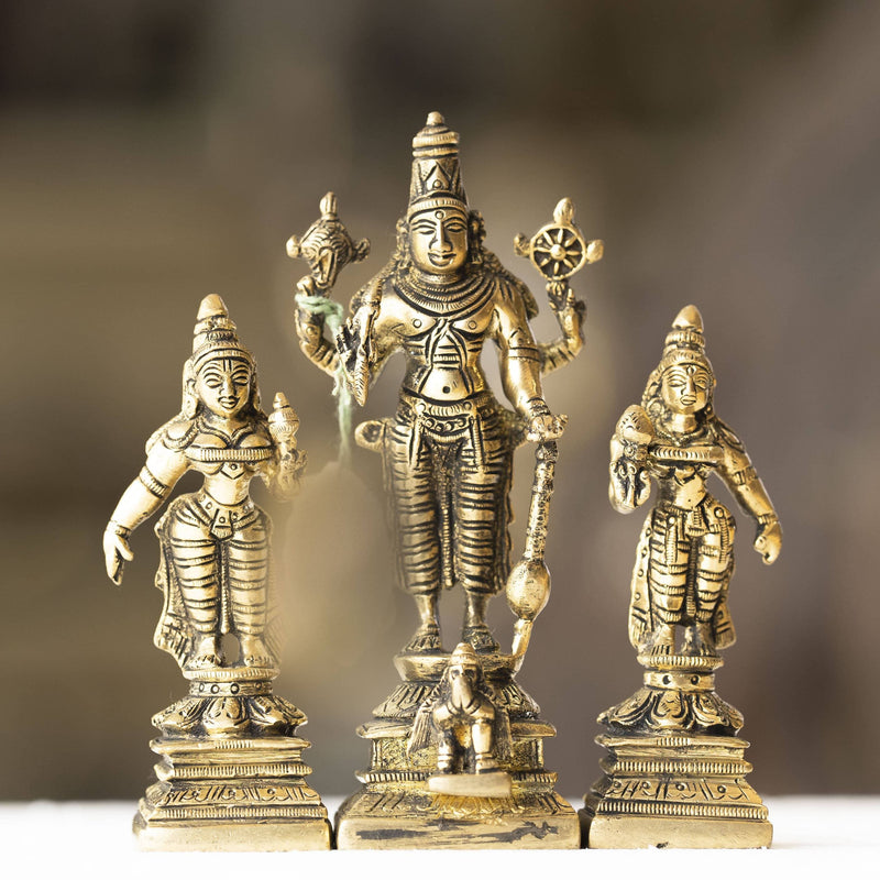 Myoksha Lord Vishnu With Sridevi And Bhudevi Brass Idol