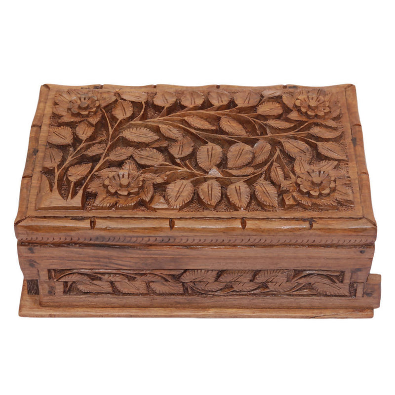 Nizalia Carved Chinar Leaf Handmade Walnut Wood Jewellery Box