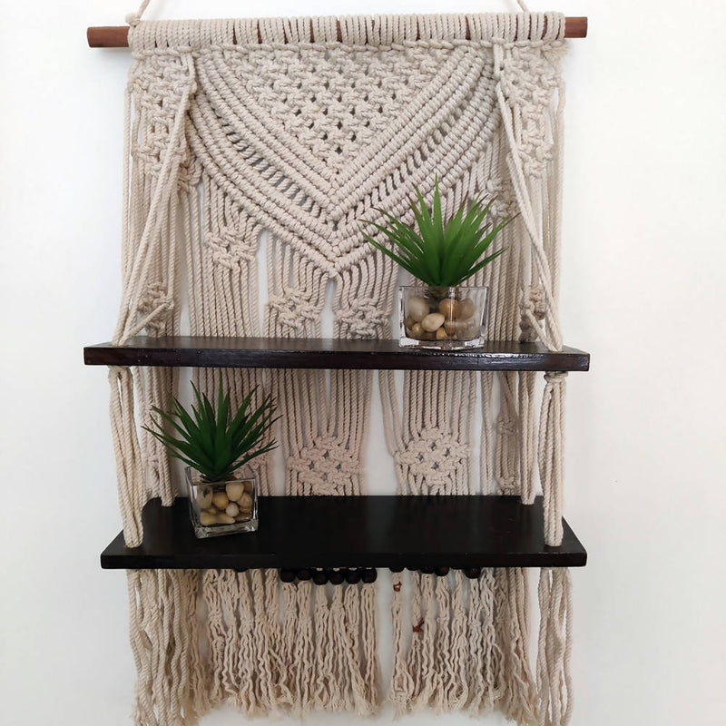 The Decor Nook Off White Macrame Double Wooden Self Wall Hanging