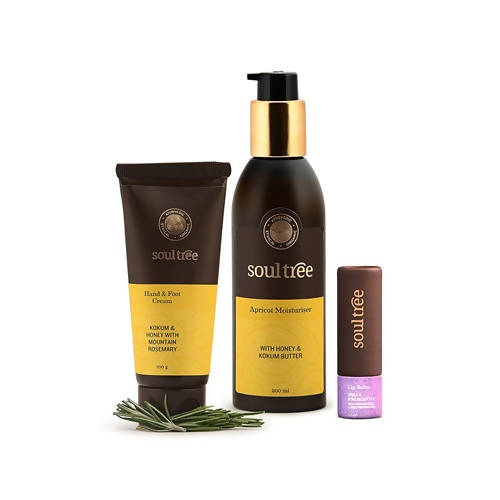 Soultree Hand And Foot Cream, Lotus And Kokum Butter Lip Balm & Apricot Moisturiser Set