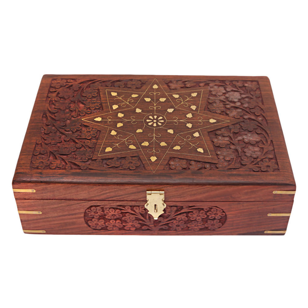 Nizalia Carved Motif Of Flora Handmade Beautiful Jewellery Box With Mirror