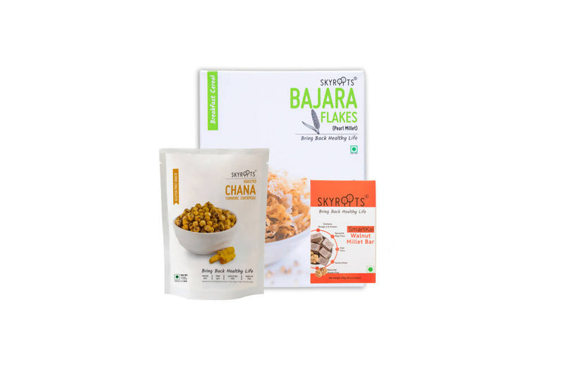 Skyroots Bajara Flakes + Roasted Turmeric Chana + Walnut millet bar Combo Pack