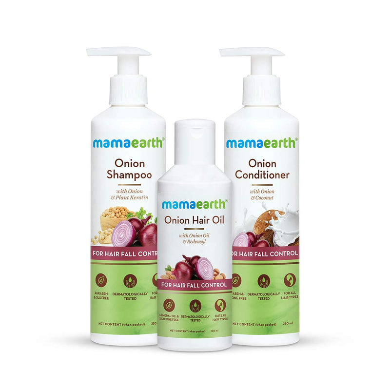 Mamaearth Anti Hair Fall Spa Range Hair Care Set: Onion Shampoo 250 ml + Onion Conditioner 250 ml + Onion Hair Oil 150 ml