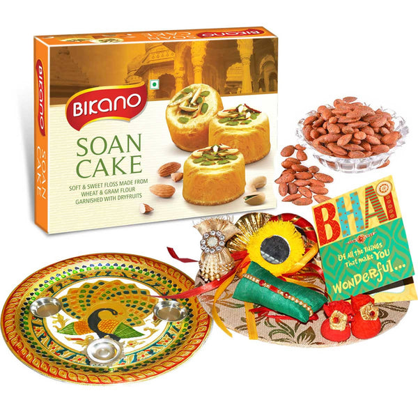 Bikano Soan Cake and Masala Almonds Rakhi Puja Thali Gifts