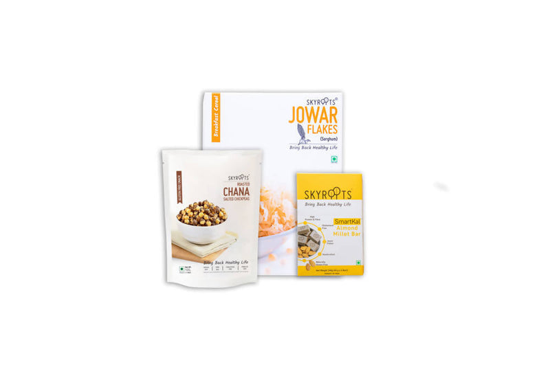 Skyroots Jowar Flakes + Roasted salted Chana + Almond millet bar